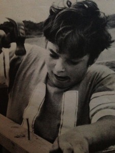 Once unable to get his hands and eyes to work together, Mike here expertly drives a nail into the wall of a fort behind his house. Four years of special teaching and two and a half years of psychiatric therapy have made 12-year-old Mike a confident and articulate young man.